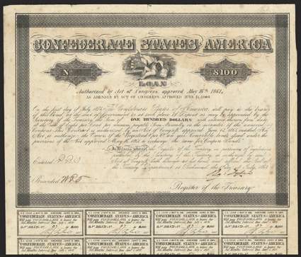Act of June 3, 1864. $100. Cr. 163, B-381. No. 37. Vignette of a sailor holding Confederate flag and leaning against a bale of cotton. Signed by Tyler. 19 coupons below.
Imprint: F. Geese  Evans & Cogswell. Bondholders Committee and numeral 1