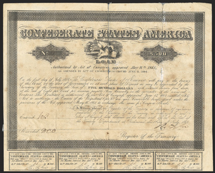 Act of June 13, 1864. $500. Cr. 164, B-382. No. 55. Sailor with Confederate flag, leaning on bales and barrels, ship in distance. Signed by Tyler, though Ball lists only
Apperson and Jones for this denomination. F. Geese  Evans & Cogswell. All