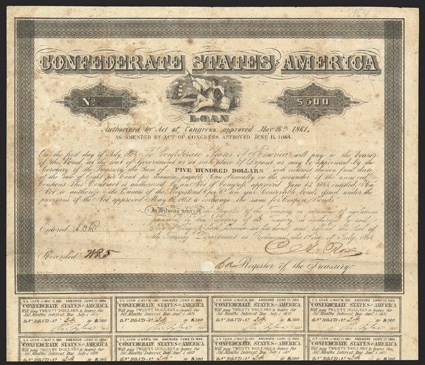 Act of June 13, 1864. $500. Cr. 164, B-382. No. 24. As previous, except denomination and signed by Rose. 19 coupons below. Well foxed, uneven toning, fold wear, a good Fine.
From The Holger Dreher Collection