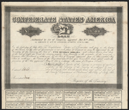 Act of June 13, 1864. $500. Cr. 164, B-383. No. 748. Similar to previous, but falsely filled in remainder. With fraudulent Rose signature. 19 coupons below. Foxed, fold wear,
VF. From The Holger Dreher Collection