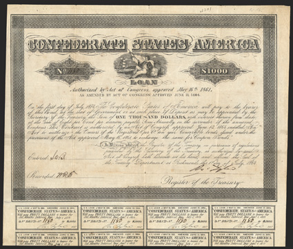 Act of June 3, 1864. $1000. Cr. 165, B-384. No. 1180. As previous. Signed by Tyler. 19 coupons below. No engravers name. Light foxing, edge and fold wear, about VF. From The
Holger Dreher Collection
