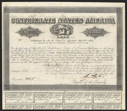Act of June 13, 1864. $1000. Cr. 165, B-384. No. 916. As previous. Signed by Tyler. 19 coupons below. Engravers name Bryce. Bondholders Committee stamp on verso. Some foxing,
fold wear, overall toning, VF. From The Holger Dreher