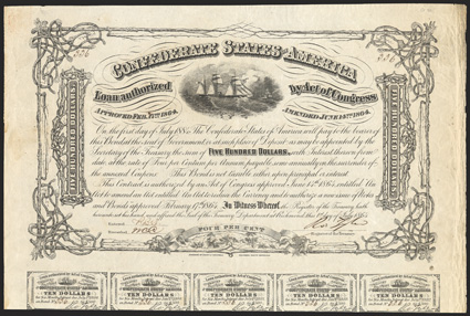 Act of June 14, 1864. $500. Cr. 166, B-385. No. 336. CSS Alabama, the dreaded raider. Signed by Tyler. Full coupons below (40). Edge wear at right, toning and soiling, VF.
From The Holger Dreher Collection