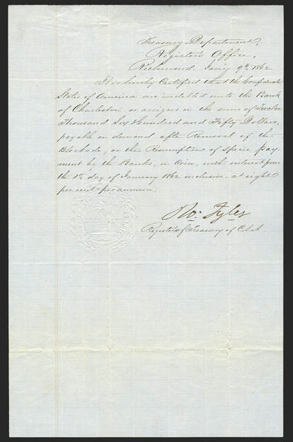 Act of January 1, 1862. $12,650. Cr. 174. Criswell Plate Bond. B-136. No serial number. A manuscript legal folio certificate that the Confederate States of America are
indebted unto the Bank of Charleston or assigns in the sum of Twelve T