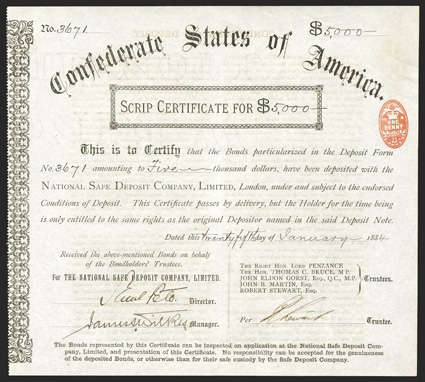 Scrip Certificate. $5000. Cr. 175, Ball Unlisted. No. 3671. Ornate left border, one penny stamp right. January 25, 1884. Fingerprint top left, else VF+. From The Holger Dreher
Collection