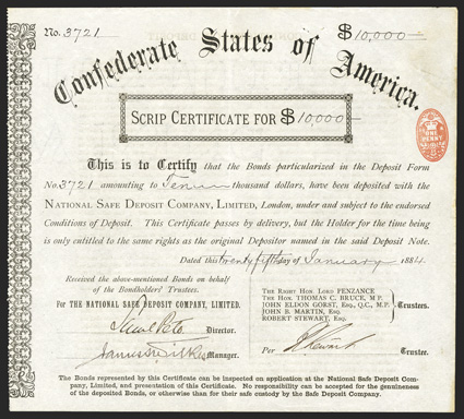 Scrip Certificate. $10,000. Cr. 175, Ball Unlisted. No. 3721. As previous. January 25, 1884. Light edge wear, fingerprint, about VF+. From The Holger Dreher
Collection
