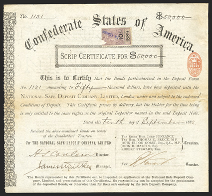 Scrip Certificate. $50,000. Cr. 175, Ball Unlisted. No. 1131. As previous. September 10, 1883. Ten shilling stamp top. Toning along fold, staple holes, VF. From The Holger
Dreher Collection