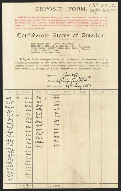 Deposit Form. Cr. 175B. No. 5752. Form listing 35 bonds for a total 11,000 pounds sterling, deposited at the National Safe Deposit Co Ltd, May 19, 1887. Typeset, instructions
printed at top in red. Soiled, toned, chip out along lower border r