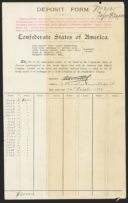 Deposit Form. Cr. 175B. No. 2565. Lists 20 bonds for $20,000, October 20, 1883. Uneven toning, edge wear at top and bottom including two small chips out, about VF. From The
Holger Dreher Collection