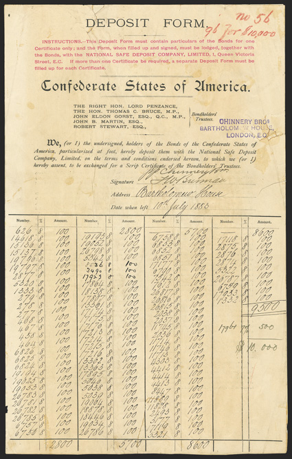Deposit Form. Cr. 175B. No. 56. As previous. Lists 96 bonds for $10,000, July 10, 1883. Chinnery Bros. handstamp on face. Backed with another deposit form to fill holes and
edge splits, about Fine. From The Holger Dreher Collection