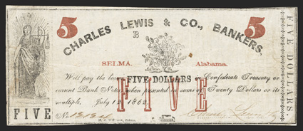AL. Selma. Charles Lewis & Co., Bankers. $5. July 12, 1862. (Rosene 298-6). No. 12124, Plate B. Justice at left. Cotton plant at center. Imprint of M.J. Williams, Selma. Red
overprints of city and state, 5 at upper left and right, a