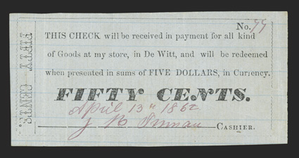 AR. DeWitt. J. N. Inman. 50c. April 13th 1862. No. 99 (Rothert 150-1 Plate Note). Small format on blue lined paper. EF.