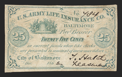 MD. Baltimore. U.S. Army Life Insurance Co. 25 Cents. 1862. (Maryland-5.160.4). No. 784. Green. Beehive. Little is known about these notes, but there were life insurances
companies during the Civil War that provided insurance to soldier