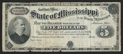 MS. Jackson. State of Mississippi. $5. June 15, 1894. (Cr. 64.) Governor John Stone at left. Decorative Dies around edges. Imprint St. Louis Bank Note Company. This Very Good
example is a true rarity simply due to not having been ca