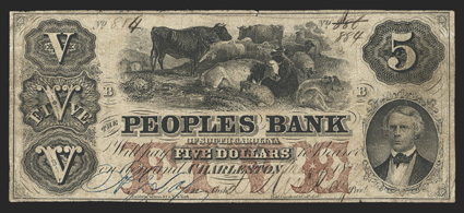 SC. Charleston. Peoples Bank. $5. May 4, 1854. (SC-20 G2a. Sheheen 299). No. 884886. Red FIVE overprint. Cattle, top Memminger, lower right. Imprint Baldwin, Adams & Co, New
York. Interesting serial number correction at top on both th