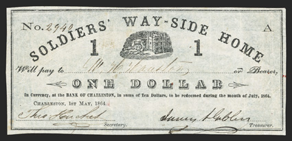 SC. Charleston. Soldiers Way-Side Home. $1. May 1, 1864. (Sheheen-844). No. 2940, Plate A. No printer. Dog and safe at top center. Redeemable July, 1864. Green design on
reverse. Way-Side Homes were recuperation centers for wounded sol