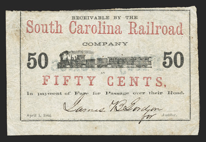 SC. [Charleston]. South Carolina Railroad. 50 Cents. April 1, 1864. (Sheheen-659). Train with passenger car. Red title and denomination. Reverse features blue FIFTY CENTS. This
is the only fractional denomination issued by the SC Ra
