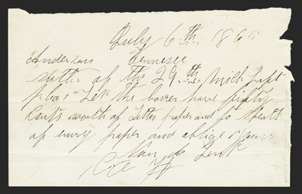 TN. Anderson. 29th Michigan Sutler Request. July 6, 1865. This is a three by five inch paper with an interesting request of Fifty Cents worth of letter paper and to(sic) sheets
of emry (sic) paper by someone in Company H that we are una