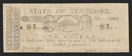 TN. Kingston. Unknown Merchant. $1. Feb. __, 1863. Unlisted. Building in oval at center. Washington left. ??? Right. Kingston is the county seat for Roane County, and actually
served as the state capital for one day in 1807, due in part