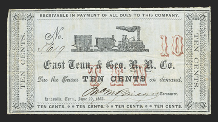 TN. Knoxville. East Tennessee and Georgia Railroad Co. 10 Cents. June 20, 1862. No. 5617. Garland 1372. Early Steam Engine at center. Red overprints of TEN at center, and 10 at
right. Printed on blue paper. The East Tenn & Ga RR