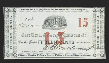 TN. Knoxville. East Tennessee and Georgia Railroad Co. 15 Cents. June 20, 1862. No. 5215. Garland 1374. Dog and Safe at top center. Red overprints of 15 at center and right.
Printed on blue paper. FVF, two pinholes at left. F