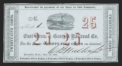 TN. Knoxville. East Tennessee and Georgia Railroad Co. 25 Cents. June 20, 1862. No. 4291. Garland 1376. Running or leaping deer at top center. Red overprint of 25 printed twice
at center, and again at right. EF, with two tiny ed