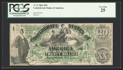 T-17. $20. 1861. Cr. Unl, PF-2. No. 22429, Plate A. Liberty at left. Ceres seated between Commerce and Navigation at top center. This is the long overprint variety for this
type, as the green overprint extends over and past Libertys head. This