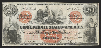 T-19. $20. 1861. Cr. 137, PF-1. Plate A. No. 3382. Minerva standing, left Navigation seated by a globe and charts, top center. Blacksmith at right. This is the second of the
gorgeous Southern Bank Note orange overprinted notes. Glowing orange