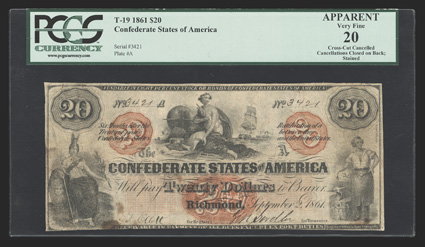 T-19. $10. 1861. Cr. 137, PF-1. Sep. 2, 1861. No. 3421, Plate A. Justice at left Agriculture and Industry seated on bale of cotton at center. Washington bust at right. This
PCGS Apparent Very Fine 20 example is cut cancelled with the cance