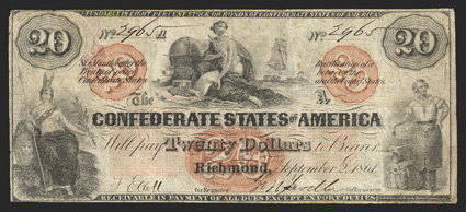 T-19. $20. 1861. Cr. 137, PF-1. No. 2965. Plate A. Minerva at left. Navigation seated by a globe and charts at center. Blacksmith at lower right. A lovely fully framed example
from the Southern Bank Note Company. An uncut VGF example with