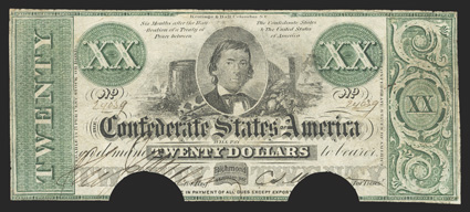 T-21. $20. 1861. Cr. 144, PF-1. No. 24039, Plate ?. Alexander Stephens at top center. Printed on plain paper with yellow-green tint. The plate letter was cut away with the half
moon cut out cancels. Fine, with two pinholes.