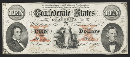 T-26. $10. 1861. Cr. 199, PF-25. No. 97021. Plate X. Similar to previous. This beautiful Uncirculated example displays phenomenal just printed embossing on the back. Printed on
paper watermarked CSA in script letters. Cut Cancelled, and eac