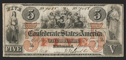 T-31. $5. 1861. Cr. 243, PF-1. No. 7058. Plate A. Minerva with capstan at left. The Five Females - Commerce, Agriculture, Justice, Liberty and Industry, center. George
Washington statue in Boston, right. A solid Fine example with a pinh