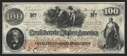 T-41. $100. Two For Treasurer Clauses.  1862. Cr. 320C, PF-24. No. 84080. Plate Z. J.C. Calhoun, left. Slaves hoeing cotton, center. Confederacy, right. This Two For Treasurer
clauses at bottom. Detailed in the Fricke Condition cens
