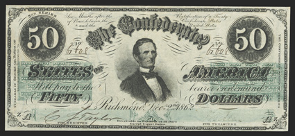 T-50. $50. 1862. Cr. 355, PF-9. No. 6608, Plate ZA. Jefferson Davis at center. Printed on watermarked paper with CSA in block letters surrounded by wavy line. Third Series.
Imprint of Keatinge & Ball printed below Fundable statement at left. 