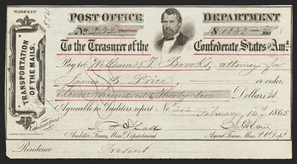 TX. Marshall. $1132.21. February 16, 1865. Trans-Mississippi Post Office Department Warrant. No. 232. From The Holger Dreher Collection