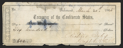 VA. Richmond. $600, per the Treasurer of the Confederate States. March 20, 1865. Heavy ink stain, blot out of payee. Signed by Richard Irby, Captain A.C.S. VG, with staining
and a rough bottom edge. From The Holger Dreher Collection
