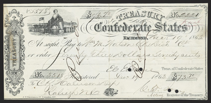 VA. Richmond. Treasury Draft of the Confederate States. $73.70. No. 2221. Printed on thick bond paper. Signed by Elmore and Jones. Issued December 19, 1863 to Wm. M. Watson.
Fine with separation along fold at top and bottom center.