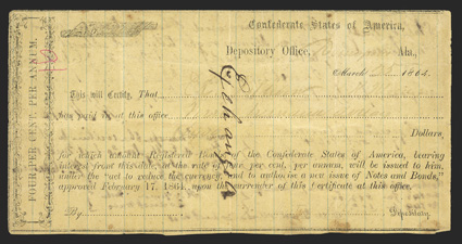 AL. Demopolis. $900. March 25, 1864. AL-18. Type 1 (on blue-ruled, yellow, paper). No. 2004. IDR Plate Form, page 83. Demopolis written in. Exchanged written vertically across
face. Back of certificate notes transferring ownersh