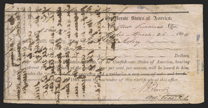AL. Mobile. $500. March 24, 1864. AL-73A. Richmond Type 1C. No. 2297. IDR Plate Form, page 99. Transfer statement on back along with Notary Public waxed stamp.VG-F, pinholes.
From The Holger Dreher Collection