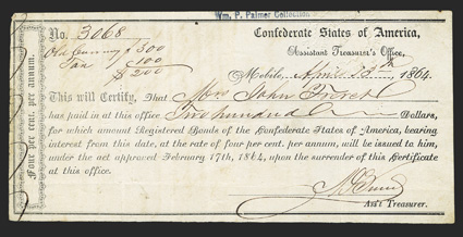 AL. Mobile. $200. April 13, 1864. AL-79. Mobile Type 1. No. 3068. Transfer statement on back. Fine, spindle hole upper right. From The Holger Dreher
Collection