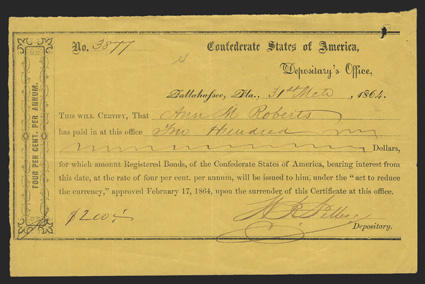 FL. Tallahassee. $200. March 31, 1864.  FL-42. No. 3877. As previous, but printed on canary yellow paper. FVF, with spindle hole in the upper right corner. From The Joe C.
Copeland Collection