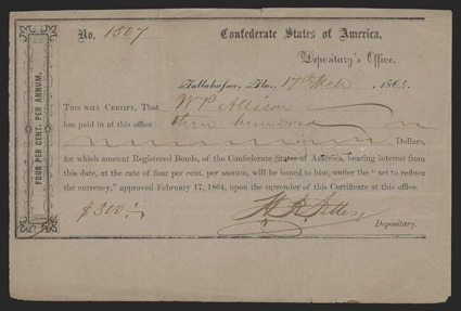 FL. Tallahassee. $300. March 17, 1864.  FL-44.  No. 1507. As previous, but printed on khaki-gray paper. Transfer statement on back. Fine, cut cancelled with two small splits
along top edge. From The Joe C. Copeland Collection