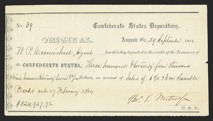 GA. Augusta. $324,927.62. September 29, 1864. GA-38. Type 3, for non-taxable bonds. No. 39. Printed on thin white wove paper. VFEF, with a small notch out at
right.
