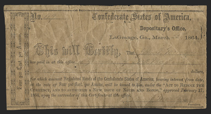 GA. LaGrange. $7,000. March 22, 1864. GA-74.  No. 119. This is a local typesett form printed on brown wood-pulp paper. VG with pinholes.