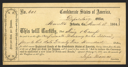GA. Marietta. $2,200. March 18, 1864. GA-90A. Type 2A (wide left border). No. 601. Plate IDR Form, page 173. Marietta written in to the left of Atlanta as place of issuance. No
printers imprint. About Uncirculated with a single