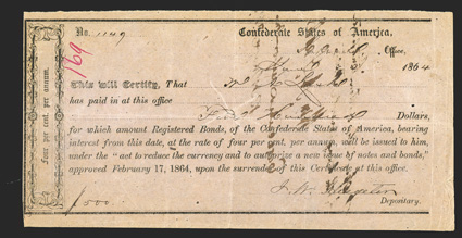 NC. Salem. $500. June 22, 1864. NC-138. Richmond Type II. No. 1149. IDR Plate Form, page 274.. Endorsement on back. VF, cut cancelled with pinholes and red 169 written at upper
left corner.