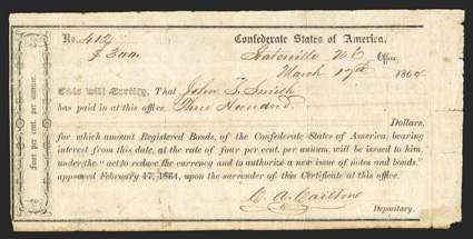 NC. Statesville. $500. March 17, 1864. NC-150. Richmond Type II. No. 412. Plate IDR Form, page 278. Faded endorsement on back. Fine, pinholes, small tears at right and missing
lower right corner tip.