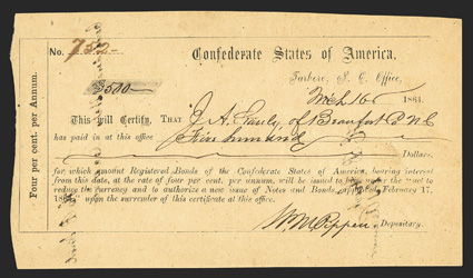 NC. Tarboro. $500. March 16, 1864. NC-159. Raleigh Type 1A. No. 752. Plate IDR Form, page 281. Faded endorser writing on back. Printed on yellow-orange paper. AU,
pinholes.
