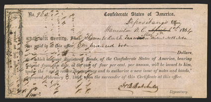 NC. Warrenton. $100. May 7, 1864. NC-172. Richmond Type II. No. 902. Plate IDR Form, page 285. Transfer endorsement on back. VFEF, with tiny paper loss at center of cut cancel.
Pinholes.